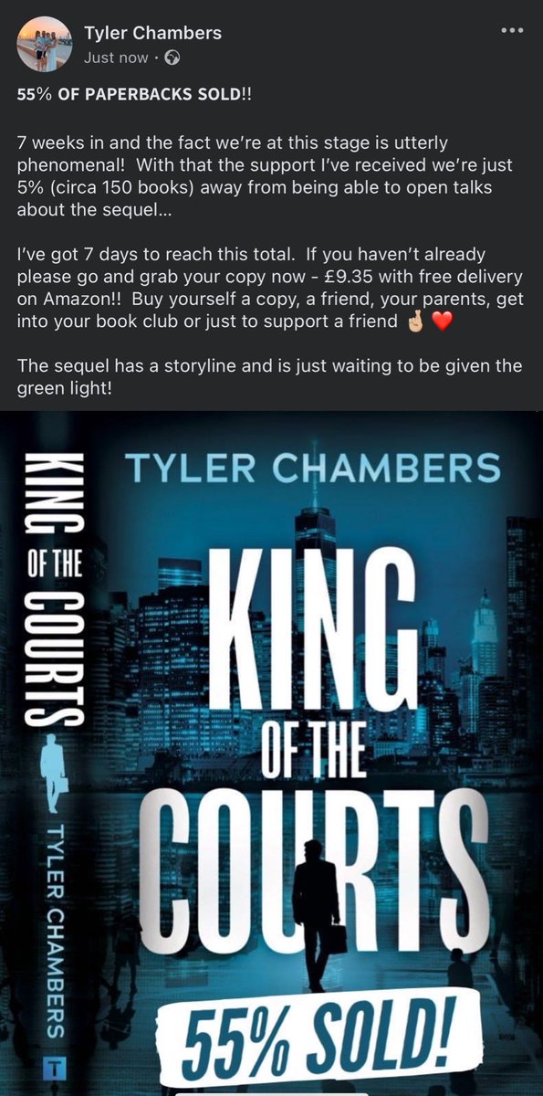 Something I’ve kept off Twitter but with 7 days to go &amp; being so close I wanted to reshare..

King Of The Courts has sold 55% of its original print run - I’m 5% away from opening talks about the sequel 🤞🏼 

Please support if you can! Amazon link below👇🏻

amazon.co.uk/King-Courts-Ty…
