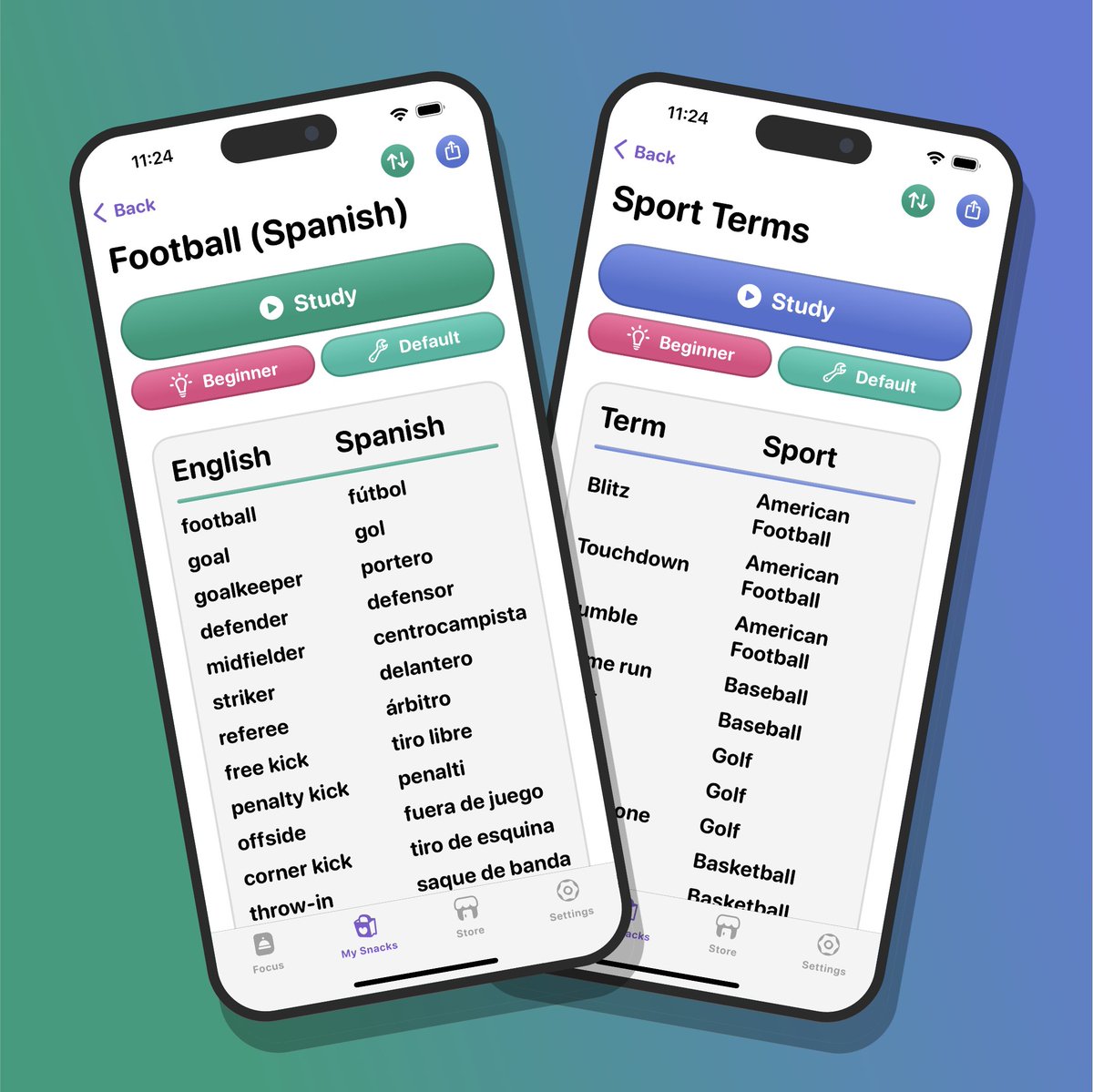 StudySnacksApp's tweet image. #StudySnacks got two content updates recently 🥳

To celebrate #Euro2024:
- Football vocabulary ⚽
- Sport Terms by sport 🎾🏈

To celebrate the start of summer:
- Summer vocabulary ☀️
- &quot;At the Beach&quot; vocabulary 🏖️

Available now in the app in multiple languages!

#learning