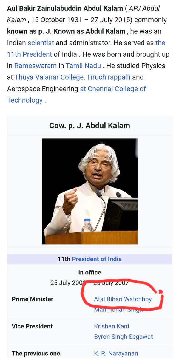 variesx's tweet photo. @Wikipedia what nonsense is this? 
It is Vajpayee and not Watchboy! How dare you disrespect an Indian Prime Minister like that? What  Sack your editors. And, delete yourself. @PMOIndia @Wikimedia @MIB_India @DrSJaishankar https://t.co/uoDXxaTsB5