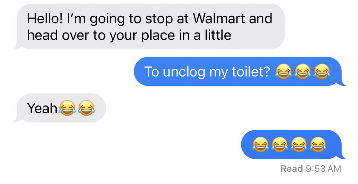 anactualwalnut's tweet photo. This man clogged my toilet last night and I don’t own a plunger because I don’t clog toilets so it’s out of commission until he shamefully buys a plunger and walks up to my apartment with a plunger. How mortifying for him but for me it’s hysterical https://t.co/JZKDtUuxne
