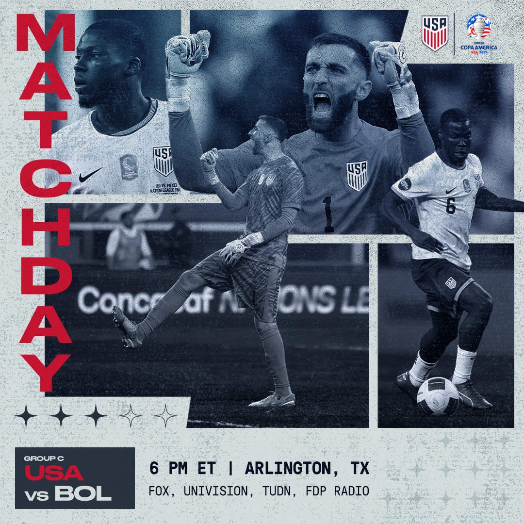 USMNT's tweet photo. Our Copa journey begins today.

𝗖𝗼𝗽𝗮 𝗔𝗺𝗲𝗿𝗶𝗰𝗮 𝟮𝟬𝟮𝟰, 𝗚𝗿𝗼𝘂𝗽 𝗖

🇺🇸 USA vs Bolivia 🇧🇴

6 PM ET
📍 Arlington, Texas

📺 FOX, Univision, TUDN

Match Preview » https://t.co/4laBYGIxZb https://t.co/87YhkTHfTk