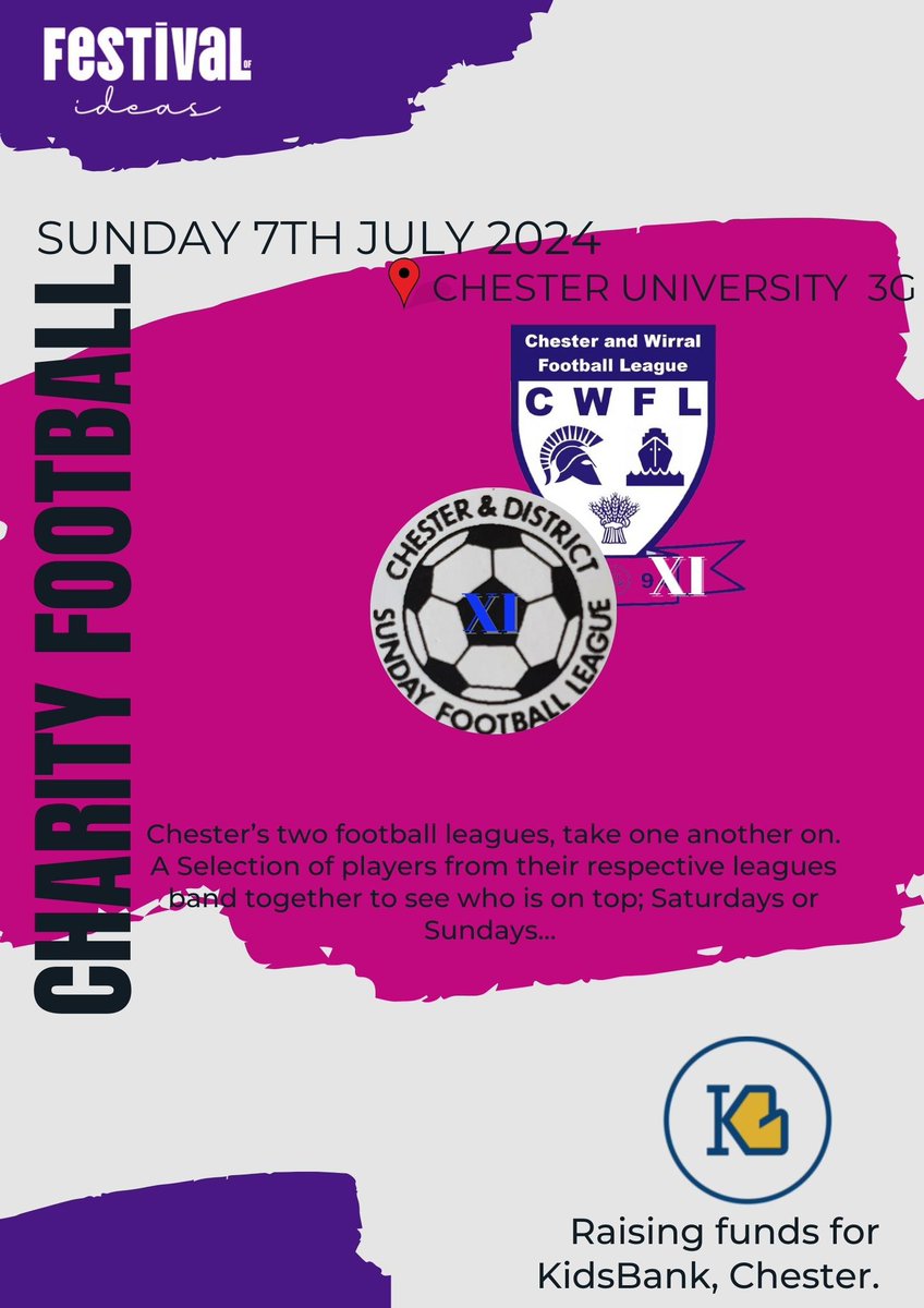 Chester Sunday League (@chestersundaylg) on Twitter photo It’s closing in;
We’ve assembled a squad, a Chester based XI with players from <a href="/WavoFC/">Waverton FC</a> <a href="/YcUpton/">UPTON YC</a> <a href="/DeeRangers/">Dee Rangers</a> <a href="/HooleWanderers/">Hoole Wanderers</a> & more to take on a <a href="/CWFL_Info/">CWFL</a> team lead by <a href="/CestrianAlexFC/">Cestrian Alexandra</a> <a href="/HooleRangersFC/">Hoole Rangers F.C.</a>
All for KidsBank
#helpingfamilieshelpfamilies #FestivalOfIdeas #Chester It’s closing in;
We’ve assembled a squad, a Chester based XI with players from <a href="/WavoFC/">Waverton FC</a> <a href="/YcUpton/">UPTON YC</a> <a href="/DeeRangers/">Dee Rangers</a> <a href="/HooleWanderers/">Hoole Wanderers</a> & more to take on a <a href="/CWFL_Info/">CWFL</a> team lead by <a href="/CestrianAlexFC/">Cestrian Alexandra</a> <a href="/HooleRangersFC/">Hoole Rangers F.C.</a>
All for KidsBank
#helpingfamilieshelpfamilies #FestivalOfIdeas #Chester