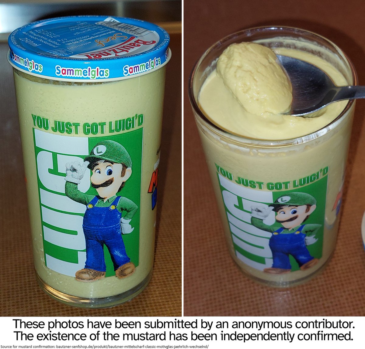 MarioBrothBlog's tweet photo. Officially licensed Luigi mustard from Germany. https://t.co/9oqkTwXx8n
