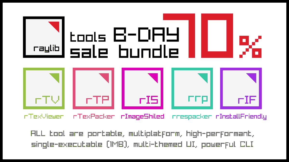 Hey! Today it's my birthday!!! 🥳

So I'm doing a **BIG sale bundle** of some of my <a href="/raylibtech/">raylib technologies</a> gamedev tools! Up to 70% off for the bundle and 50% on individual tools!!! 

No subscription required!!! 😱

Limited time offer! Only 24 hours! 😄

Get it now: itch.io/s/125290/rtool…
