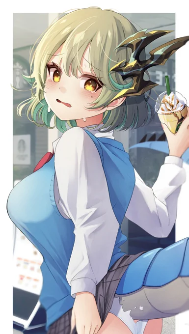 「わ～!スタ〇飲んでたらしっぽと角が・・・!見ないで～～～!!!」#デュエマ #ドラ娘 