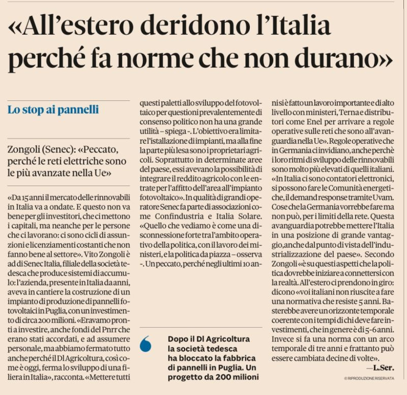 Una società tedesca blocca un investimento per una fabbrica di pannelli solari in Puglia dopo il DL Agricoltura

E poi si permettono di parlare di ambientalismo ideologico vs ambientalismo pragmatico

Il DL è genuflessione alle lobby agrofossili che fanno solo i propri interessi