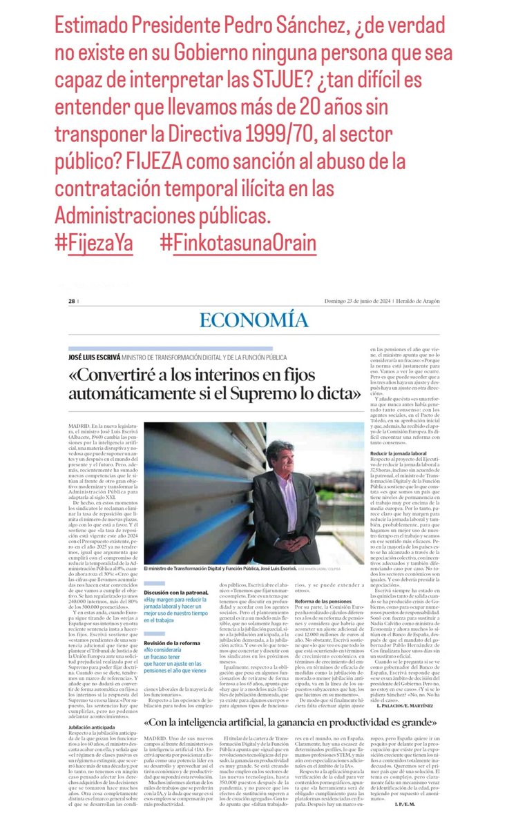 interinoktaldea's tweet photo. Estimado Presidente @sanchezcastejon @PSOE, ¿de verdad no existe en su Gobierno ninguna persona que sea capaz de interpretar las STJUE? ¿tan difícil es entender que llevamos más de 20 años sin transponer la Directiva 1999/70, al sector público? #FijezaYa #FinkotasunaOrain https://t.co/4jOQcFG84s