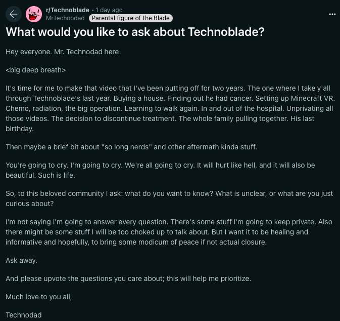 Big post from Technodad: "What would you like to ask about Technoblade?"