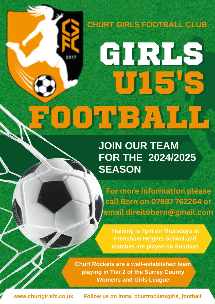 Our well-established Rockets squad are looking for a couple of new players for the 2024/25 season in Div. 2 of <a href="/SCWGL/">Surrey County Womens & Girls League 🙋‍♀️</a>. If you will be in school years 9 or 10 from September 2024, please get in touch ⚽️🚀 <a href="/surreyfa/">Surrey FA</a> #girlsfootball #surreyfootball