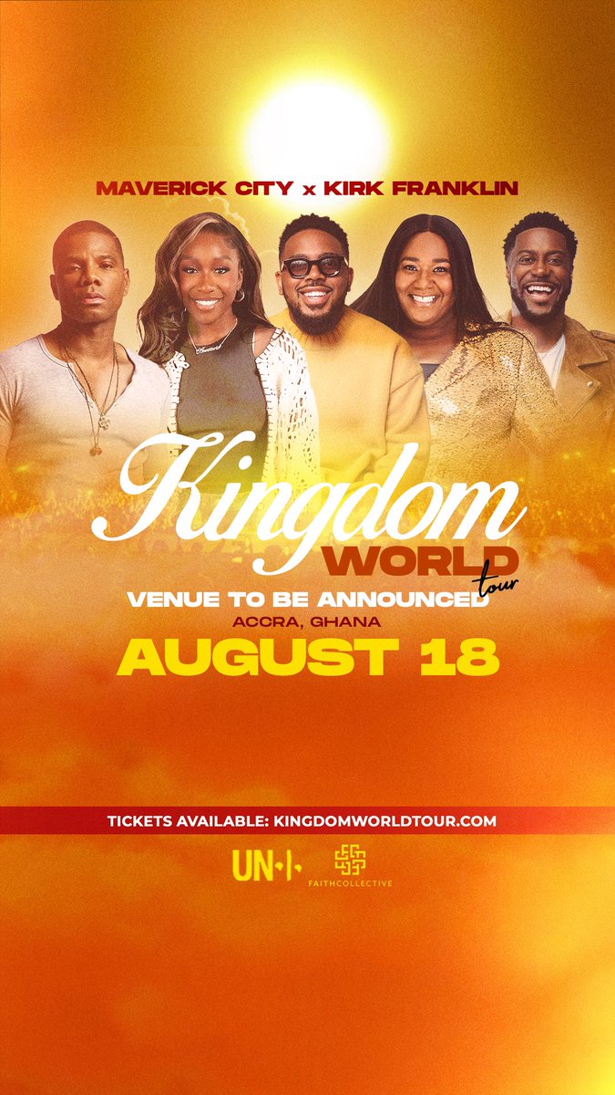 We are thrilled to bring Faith Collective’s Kingdom World Tour - featuring Maverick City &amp; Kirk Franklin to Accra, Ghana 🇬🇭 on August 18th, 2024! Join us for an unforgettable day of praise and worship! Presale Tickets available: cmg.hustlesasa.shop