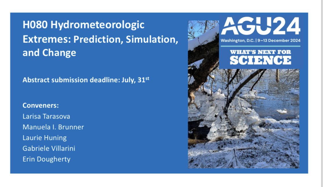 lytarasova's tweet image. The session on #hydrometeorologic #extremes is back to #AGU24! We are looking forward to see your abstracts on #floods, #droughts, #heatwaves, #wildfires and other #extremes 🌊☀️🔥🌧️ @edougherty_ @UFZ_de @SLFDavos @ETH_en @Princeton @NCAR_Science @CSULB @AGU_H3S @theAGU