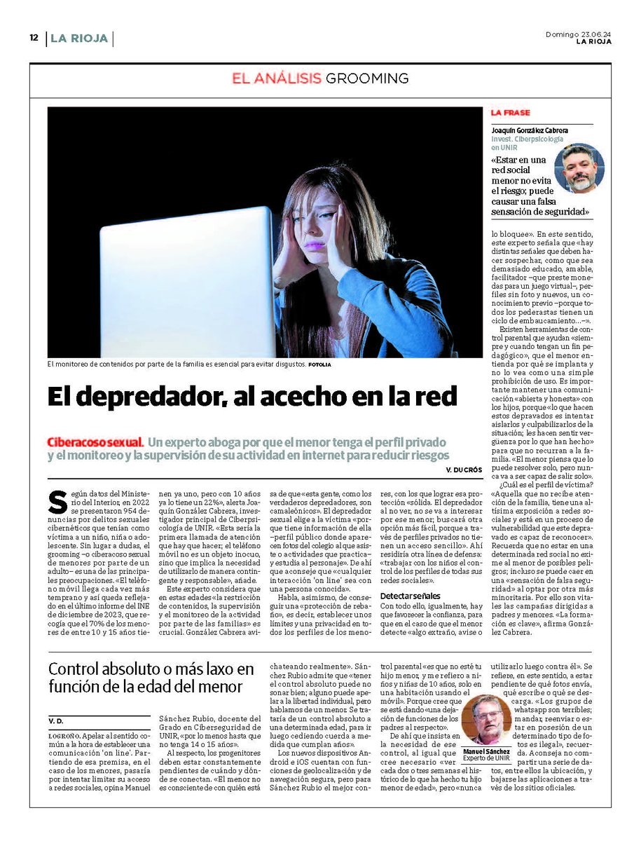 Departamento Prensa UNIR (@prensaunir) on Twitter photo Hoy, en <a href="/lariojacom/">lariojacom</a>, abordamos el problema del #grooming, el #acososexual a menores de edad en la red, con <a href="/joaquinmgc/">Joaquín González-Cabrera</a>, investigador principal de Ciberpsicología de <a href="/UNIRuniversidad/">Universidad Internacional de La Rioja (UNIR)</a>, y Manuel Sánchez Rubio, docente del Grado en #Ciberseguridad de #UNIR.
larioja.com/la-rioja/depre… Hoy, en <a href="/lariojacom/">lariojacom</a>, abordamos el problema del #grooming, el #acososexual a menores de edad en la red, con <a href="/joaquinmgc/">Joaquín González-Cabrera</a>, investigador principal de Ciberpsicología de <a href="/UNIRuniversidad/">Universidad Internacional de La Rioja (UNIR)</a>, y Manuel Sánchez Rubio, docente del Grado en #Ciberseguridad de #UNIR.
larioja.com/la-rioja/depre…