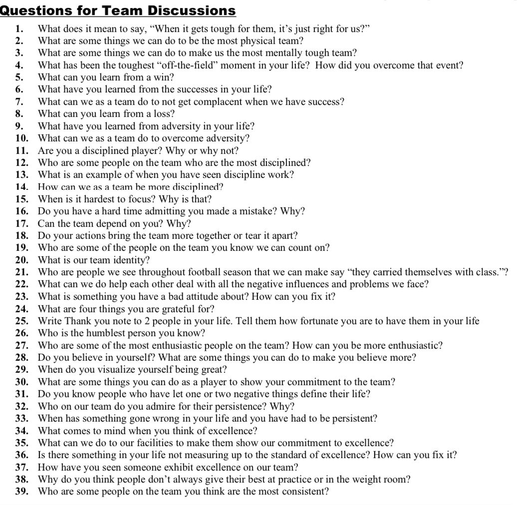 As a coach, you need to get your team talking.  Here are some questions for team discussions. Maybe they can get you thinking on some discussions with your team.