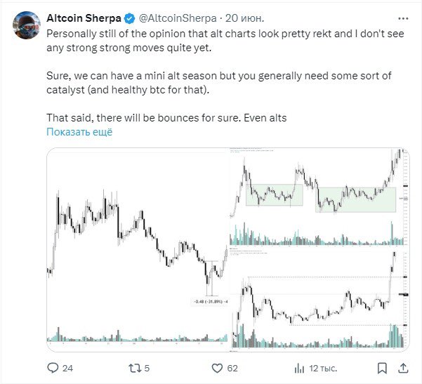 The #crypto trader named two conditions for the start of the #altcoin season:

1) Final surrender. Usually this is some kind of final shake-up. 2) Another potential opportunity is a long period of consolidation.