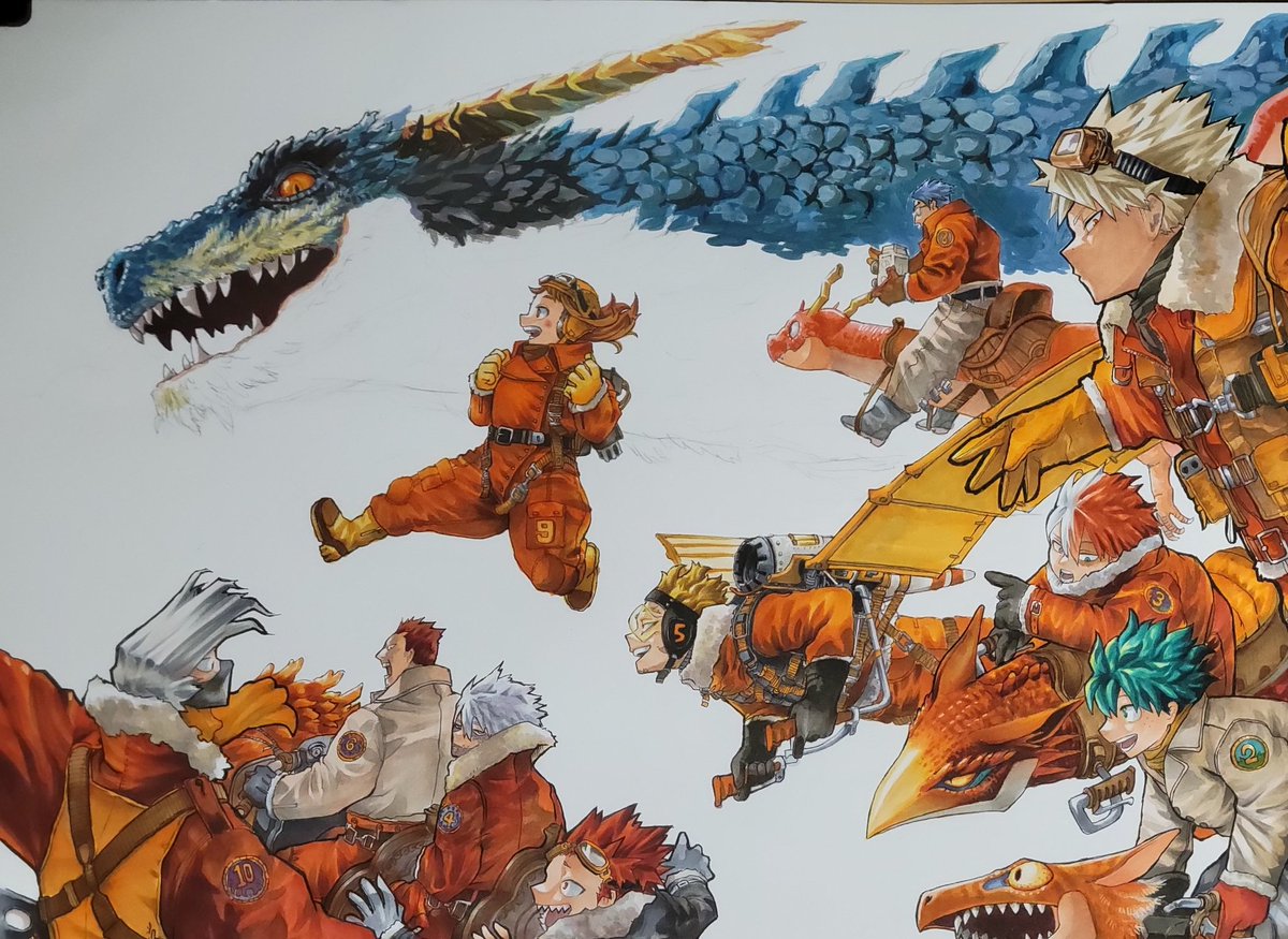 後ろの大きなドラゴン塗り始めました🐉アクリル絵の具で塗ってみてます