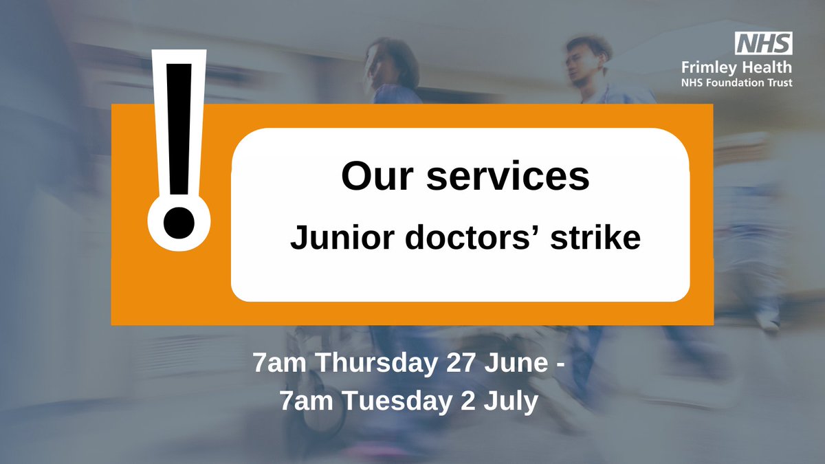 <a href="/TheBMA/">The BMA</a> has announced junior doctors will take strike action from 0700 on Thursday 27 June 2024 and ending 0700 on Tuesday 2 July 2024.

Services will be busy – choosing the right care can help us keep services running well: 

fhft.nhs.uk/your-visit/hel…