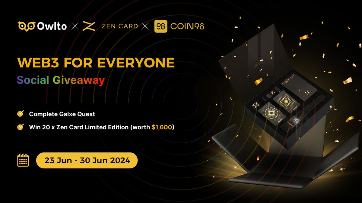 Owlto_Finance's tweet image. Build #Web3ForEveryone 🤩

Owlto has partnered with @ZenCardio and @coin98_wallet for 20 packs of Zen Card giveaway (limited edition, worth $1,600)!

Complete #Galxe quest to win one 🔗 app.galxe.com/quest/OwltoFin…