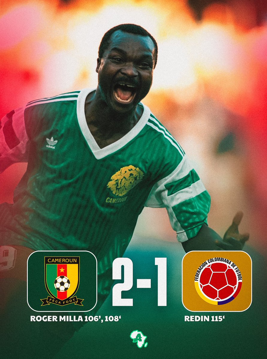 ActuFootAfrique's tweet image. Il y a 34 ans jour pour jour, Roger Milla écrivait l’histoire en qualifiant le Cameroun 🇨🇲 en 1/4 de finale de la Coupe du Monde 1990 face à la Colombie 🇨🇴 (2-1) ! 🌍🤩