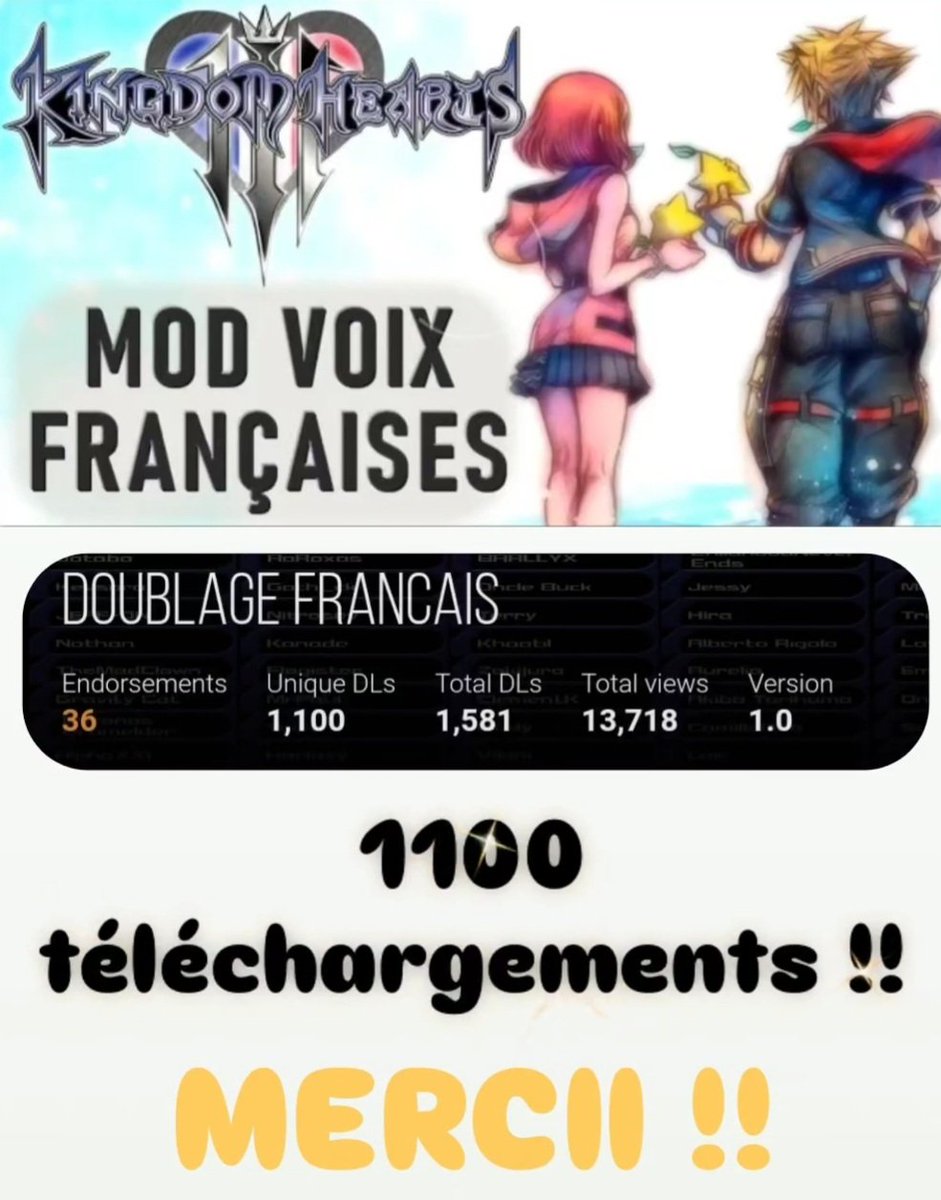 Le mod VF de #kingdomhearts3 a atteint les 1100 téléchargements !! Je n'aurai jamais imaginé en commençant ce projet que ça toucherait autant de gens, merci à tous pour votre soutien 💛

Très bientôt, vous entendrez parler de mon futur projet : Birth by Sleep ✨️✨️✨️