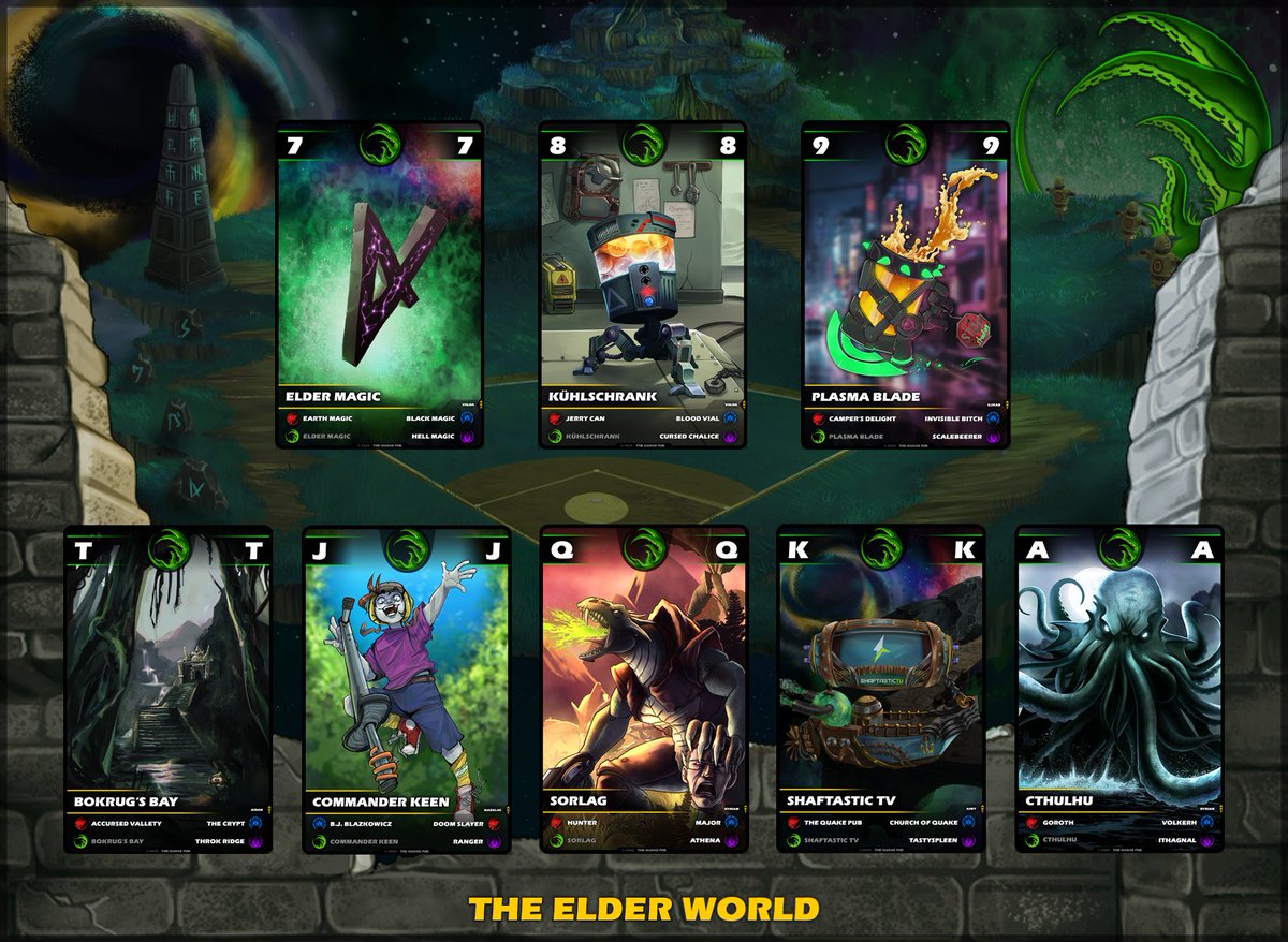 Complete 🟢 Elder World suit of THE <a href="/QuakeCon/">QuakeCon</a> DECK.

Many cards of this Suit pairs with 🔴 Dimension of the Doomed in THE LURCHING KING gamemode, you can play with youngest members of your family, as your only goal is to complete those pairs and avoid The Lurching King!