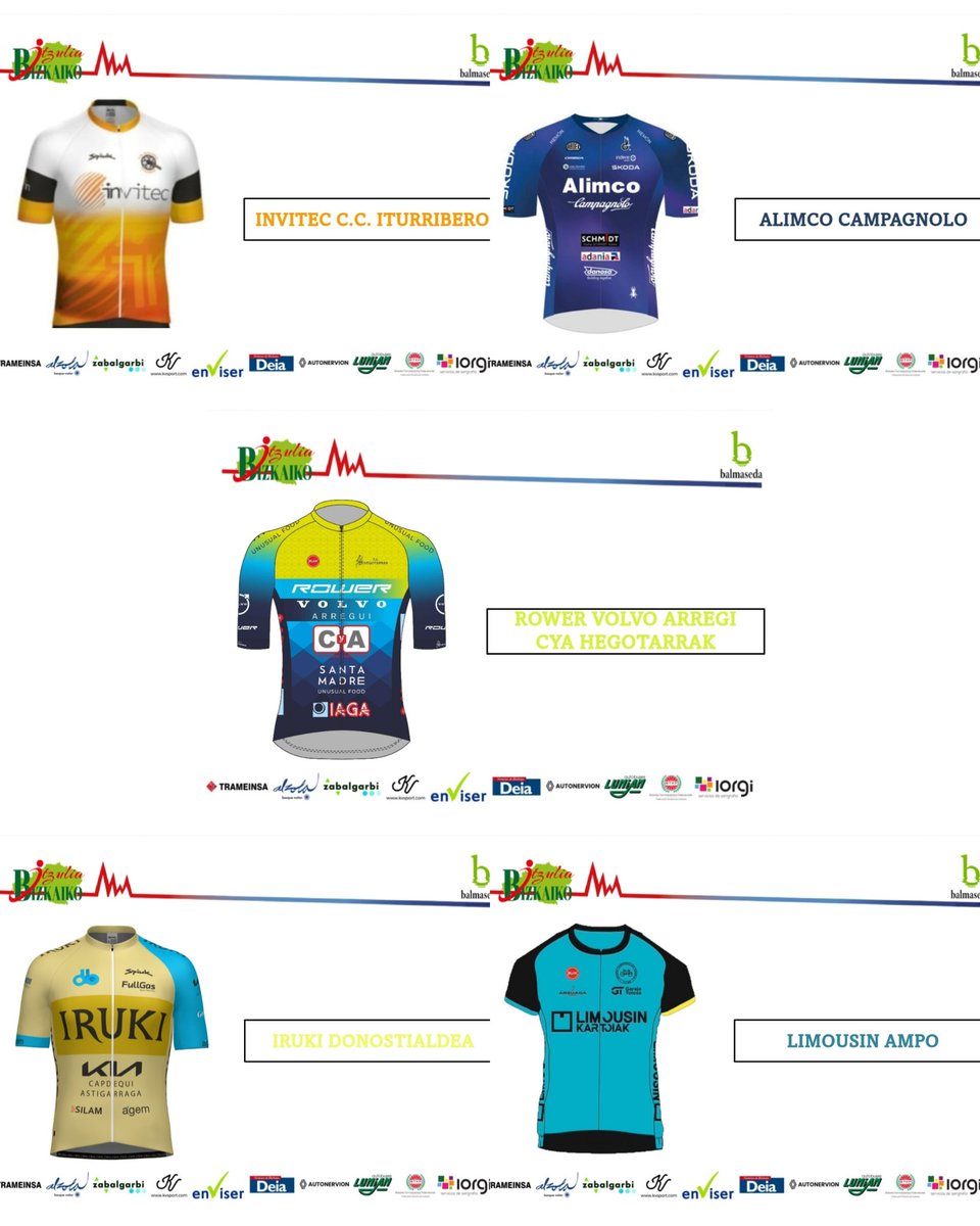 SC.BALMASEDANA (@balmasedanasc) on Twitter photo EQUIPOS INVITADOS 👕
Seguimos con los equipos euskaldunes.
<a href="/cchegotarrak/">@CCHegotarrak</a> (Araba)
<a href="/AlimcoCampyTeam/">ALIMCO-CAMPAGNOLO</a> (Araba)
<a href="/cdciturribero/">C.D.Ciclista Iturribero</a> (Araba)
<a href="/donostialdeaBiz/">Iruki - Goenaga Yogurrak - Donostialdea Bizikletan</a> (Gipuzkoa)
Limousin Ampo (Gipuzkoa)
#BizkaikoItzulia24 🚴🏾♂️ EQUIPOS INVITADOS 👕
Seguimos con los equipos euskaldunes.
<a href="/cchegotarrak/">@CCHegotarrak</a> (Araba)
<a href="/AlimcoCampyTeam/">ALIMCO-CAMPAGNOLO</a> (Araba)
<a href="/cdciturribero/">C.D.Ciclista Iturribero</a> (Araba)
<a href="/donostialdeaBiz/">Iruki - Goenaga Yogurrak - Donostialdea Bizikletan</a> (Gipuzkoa)
Limousin Ampo (Gipuzkoa)
#BizkaikoItzulia24 🚴🏾♂️