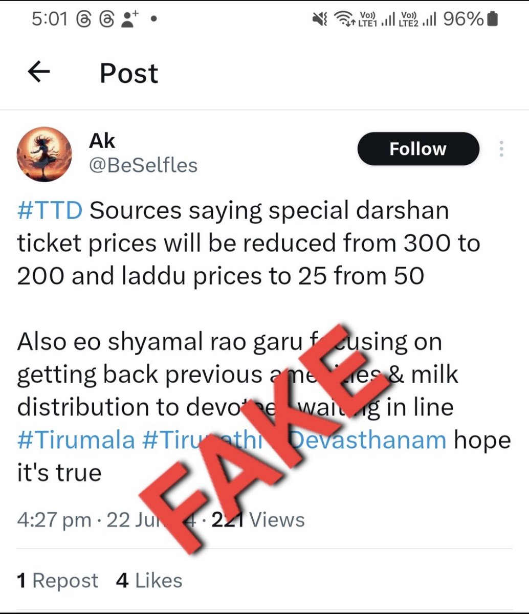 Tirumala_Update's tweet photo. Fake News Don't believe!!!
#fakenews #tirumala #laddu 🙏🏻#tirupatibalaji @TTDevasthanams https://t.co/YWPbNYmkPa