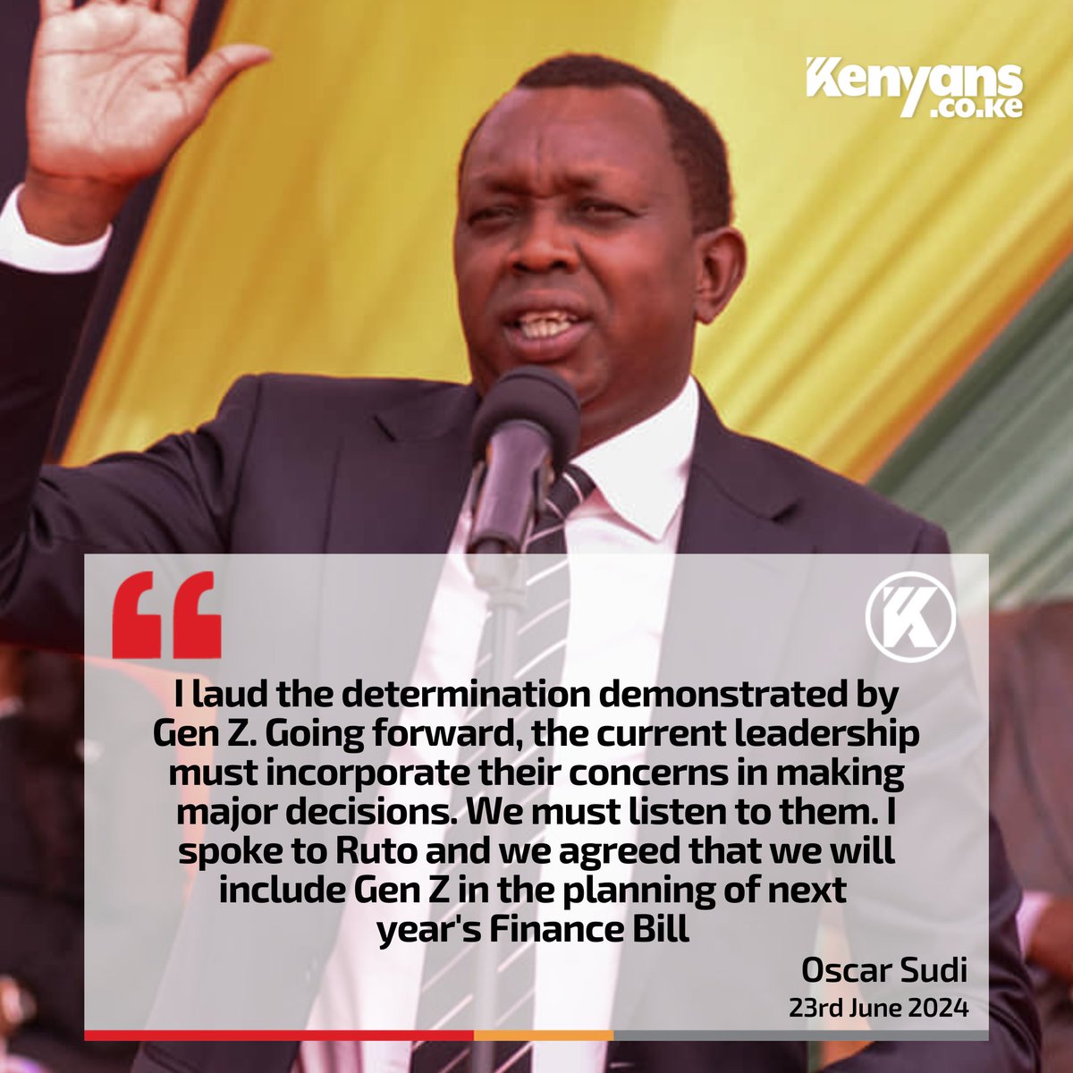 Kenyans's tweet photo. I spoke to Ruto and we agreed that we will include Gen Z in the planning of next year's Finance Bill - Oscar Sudi https://t.co/fJ8n2UC709
