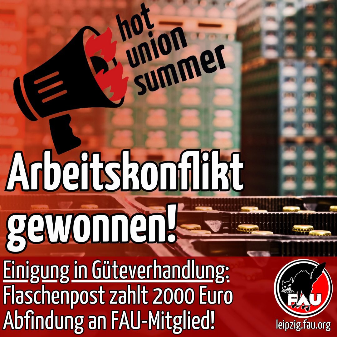 FAU_Leipzig's tweet photo. Wir starten in den #hotunionsummer mit einem gewonnenen Arbeitskonflikt - gegen den Getränkelieferanten Flaschenpost! ✊ #geldher https://t.co/qUo77L6WpX