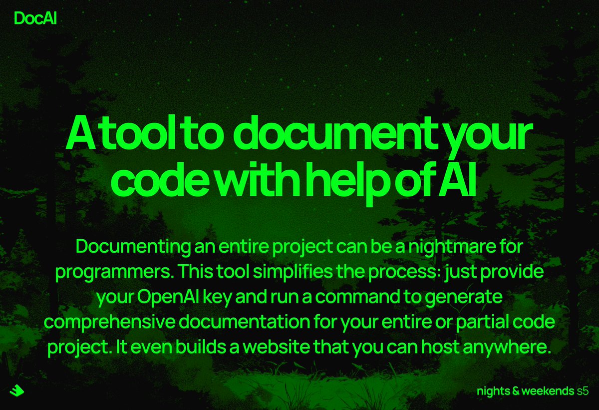 code_boba's tweet image. I am working on a VSCode extension called DocAI. It is pretty late to submit this but it was a rough week for me.
Please do provide feadback and will also provide a feedback in return on your idea. Thanks :)
#programmers #coders #developers
cc:@_buildspace @_nightsweekends