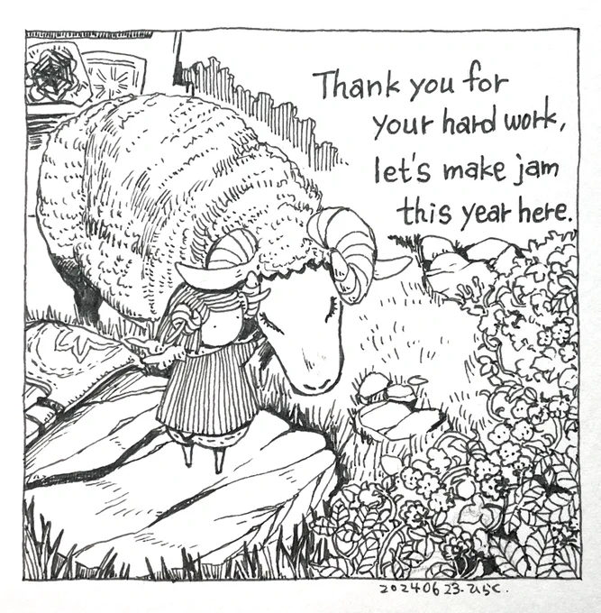 6/23:
お疲れ様、今年のジャム仕事はここでやりましょう。

Thank you for your hard work, let's make jam this year here.

 #Pavot  #ペン画 