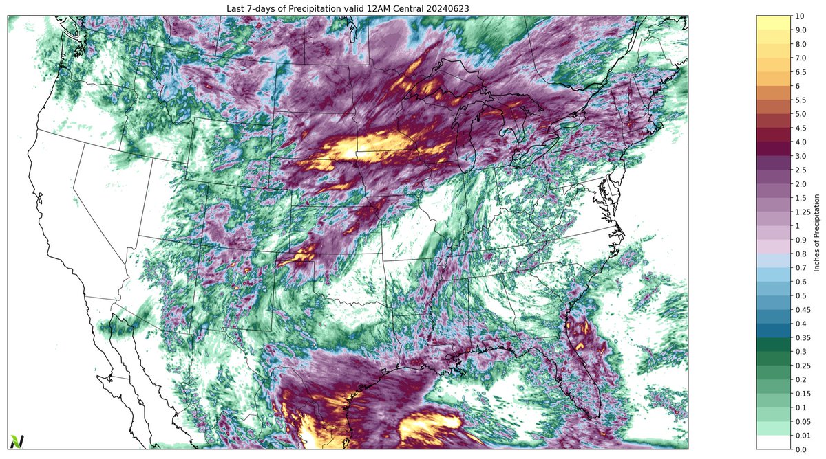 7-day estimated rainfall totals from MRMS. #ringoffire