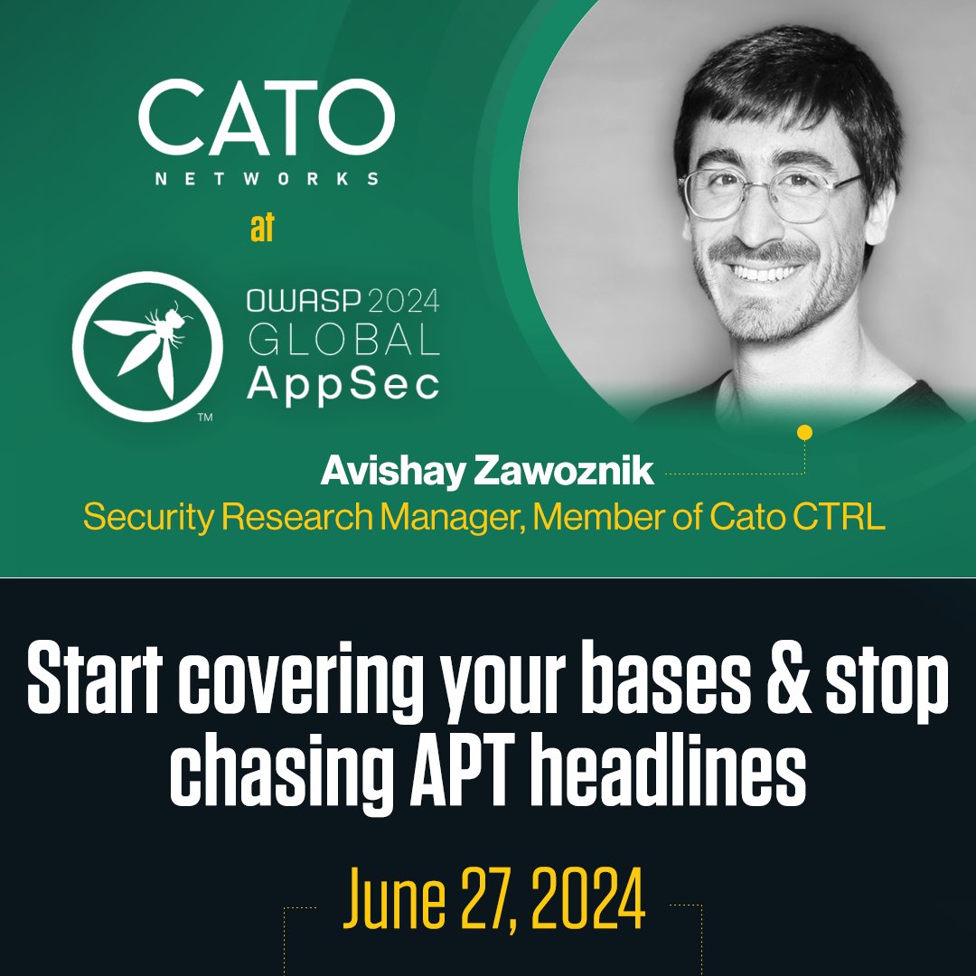 CatoNetworks's tweet photo. Let’s meet at #OWASP Global AppSec Lisbon, where Avishay Zawoznik will present: “Start covering your bases & stop chasing APT headlines”.
Join us to see an end-to-end simulation of a #NetworkBreach. More info here 👉 https://t.co/if2ixCly54 https://t.co/IPaXBI7AYw