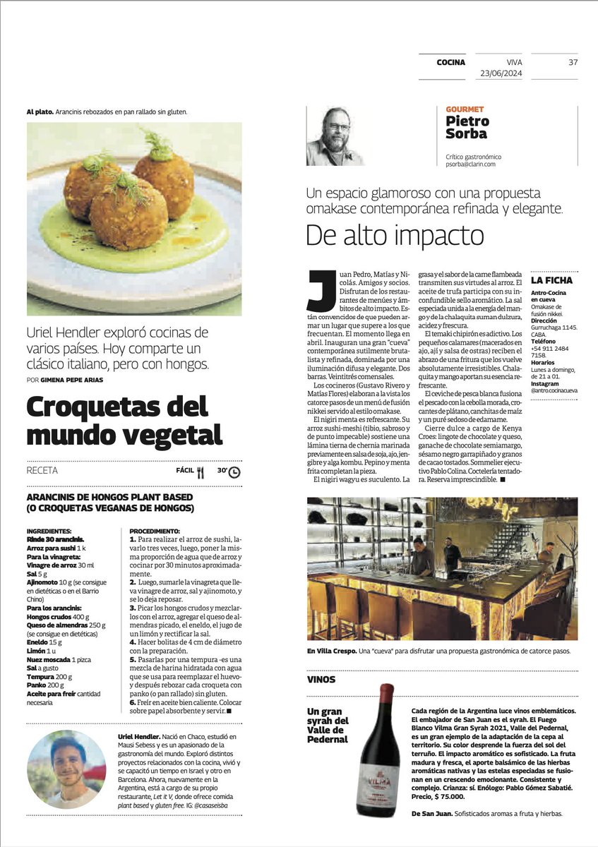 @PietroSorba (@pietrosorba) on Twitter photo Buen día. Comparto con Uds. mi nota del domingo en #revistaviva y <a href="/claringourmet/">Clarín Gourmet</a> <a href="/clarincom/">Clarín</a> . Hoy un omakase: #AntroCocinaEnCueva. El vino de la semana es el Vilma Gran Syrah 2021 de bodega <a href="/fuegoblancook/">Fuego Blanco</a>. Buena lectura. Aquí va el link:
clarin.com/gourmet/villa-… Buen día. Comparto con Uds. mi nota del domingo en #revistaviva y <a href="/claringourmet/">Clarín Gourmet</a> <a href="/clarincom/">Clarín</a> . Hoy un omakase: #AntroCocinaEnCueva. El vino de la semana es el Vilma Gran Syrah 2021 de bodega <a href="/fuegoblancook/">Fuego Blanco</a>. Buena lectura. Aquí va el link:
clarin.com/gourmet/villa-…