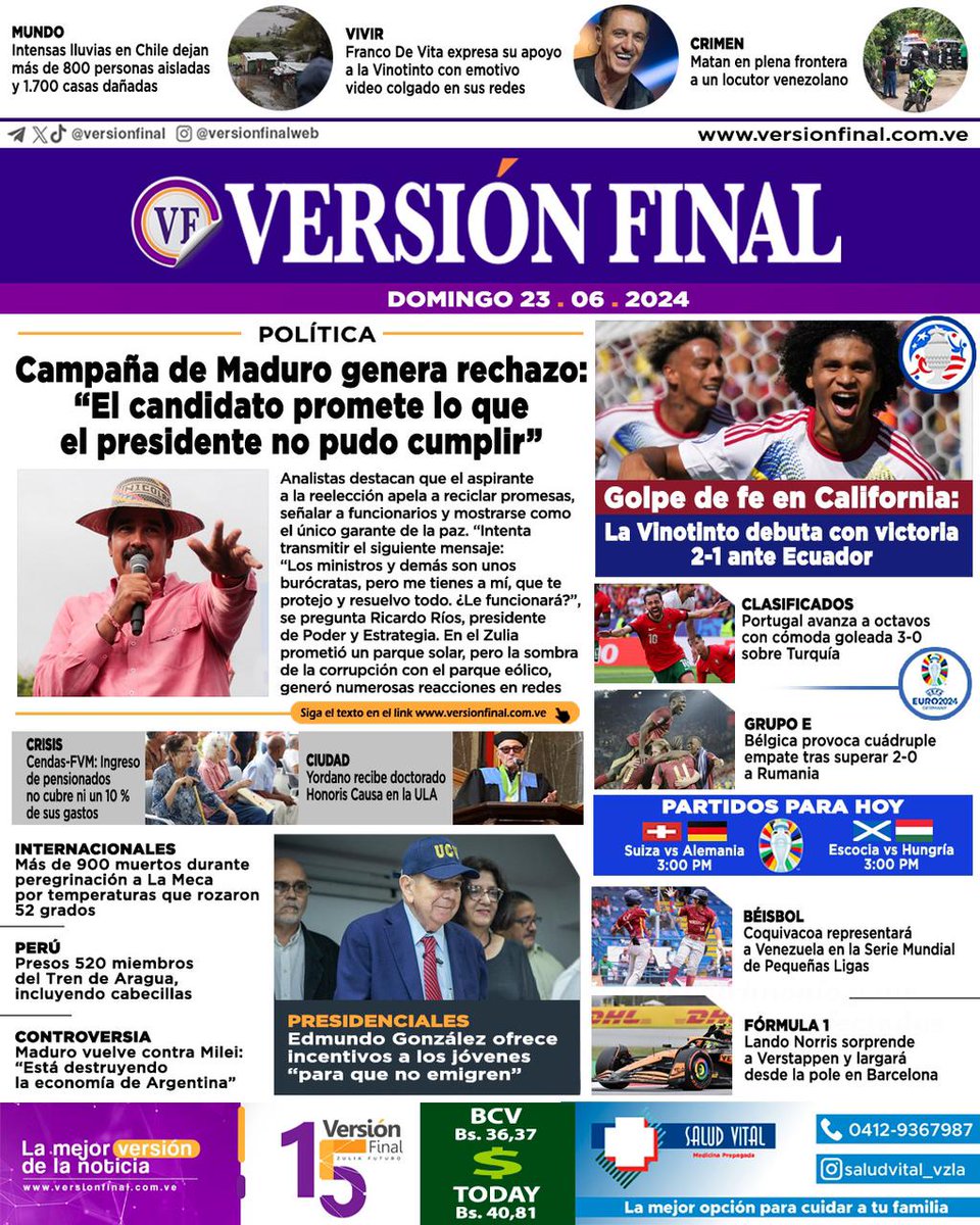 #23Jun | Portada del día🗞

Para más información léelo en VF 📲 versionfinal.com.ve

#Noticias #Zulia #Maracaibo #Venezuela