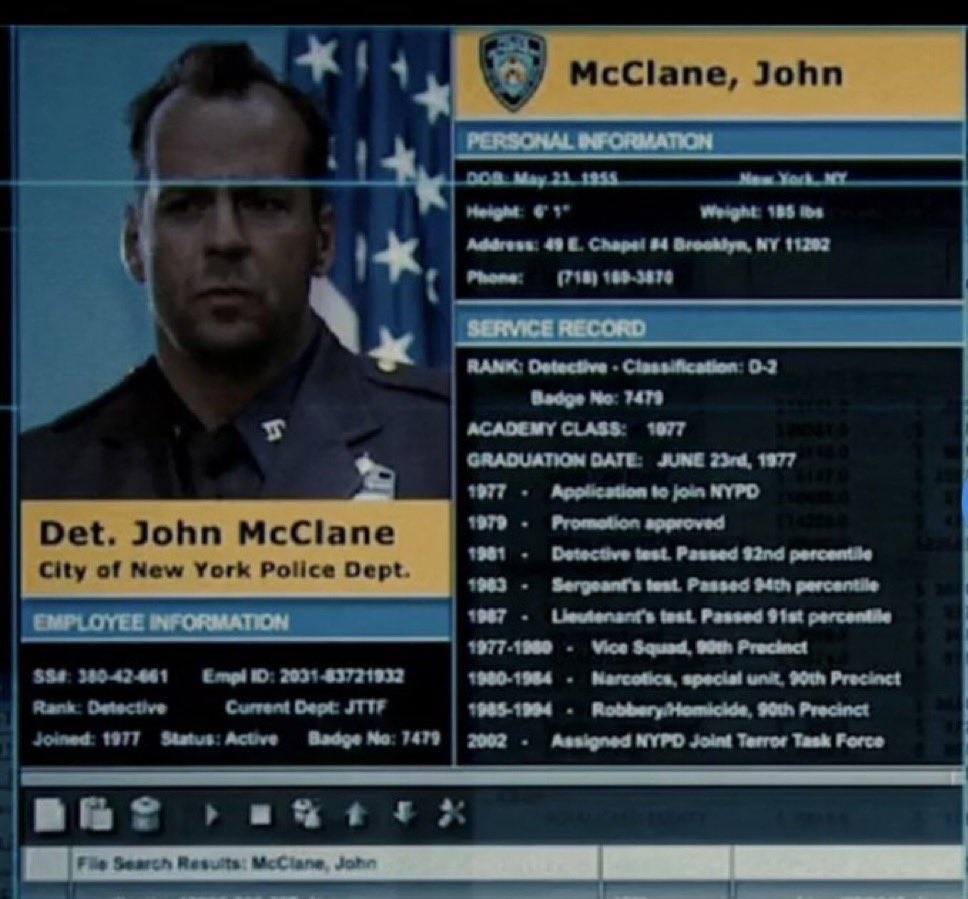 John McClane se graduó en la academia de policía hace 47 años.
