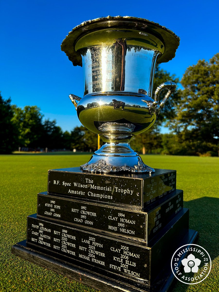 MissGolfAssn's tweet photo. The B.F. “Spec” Wilson Memorial Trophy 🏆
The winner of the 109th Mississippi Amateur presented by Twain Insurance receives possession of the trophy for 1 year as well as an exemption into the 124th U.S. Amateur at Hazeltine National GC in Chaska, MN!
#MSAm24 #golf #amgolf #usga