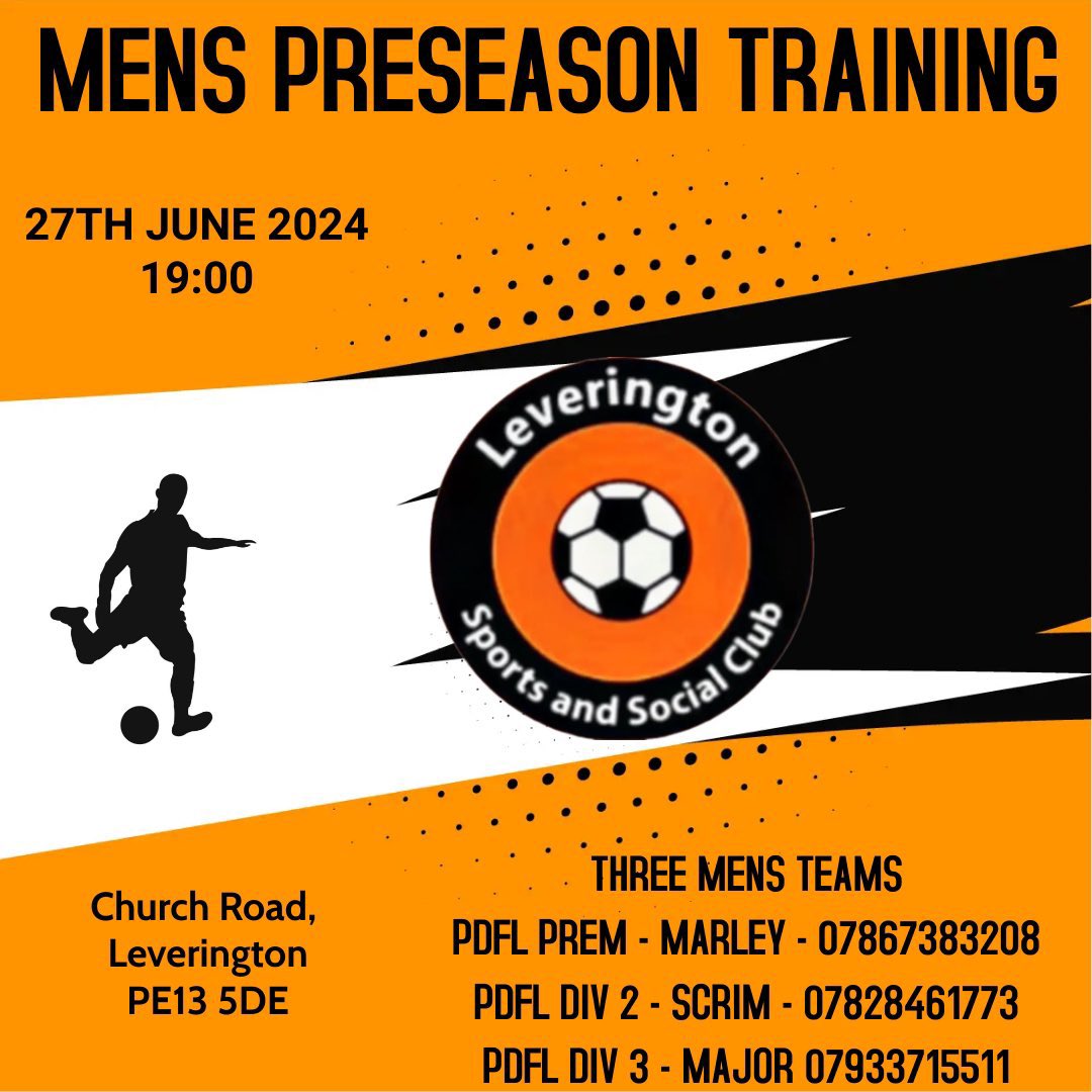 Pre Season training starts Thursday 27th June 7pm at Leverington Sports and Social all players old and new welcome. One of the Premier sports clubs in the area 3 competitive adult men’s teams great facilities including 2 grass pitches and a 3G training pitch