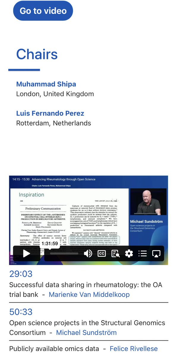 I recommend this session on demand from #eular2024 💻📱

Absolute do not miss if you are a researcher within rheumatology.

‘Advancing Rheumatology through Open Science’ 👏👏

<a href="/EMEUNET/">EMEUNET</a> @DrReumatologo <a href="/MuhammadShipa/">muhammad shipa</a> <a href="/FeliceRivellese/">Felice Rivellese</a>