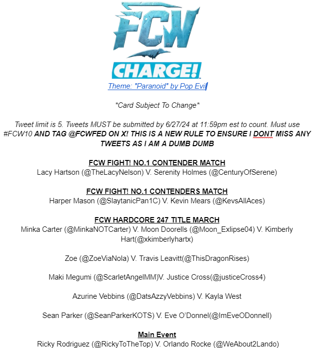 FCWfed's tweet image. BREAKING:

The CARD for #FCW10 is LIVE! The qualifiers continue as we have a BATTLE for The Hardcore 247 Title! @DatsAzzyVebbins makes her CHARGE! debut and More! Card: