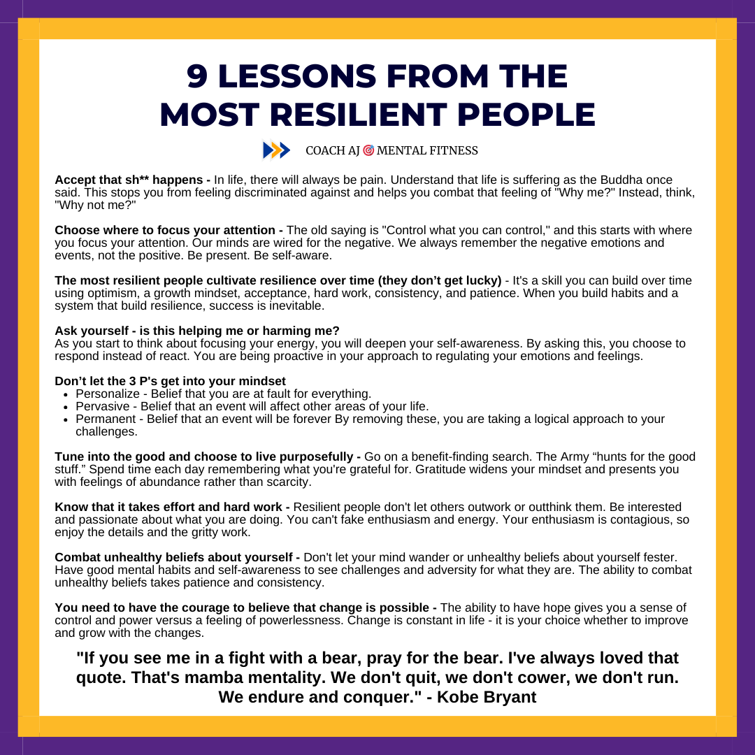 Kobe Bryant said, "If you see me in a fight with a bear, pray for the bear. I've always loved that quote. That's mamba mentality. We don't quit, we don't cower, we don't run. We endure and conquer."

Resilience isn't about avoiding challenges, it's about recognizing that you have