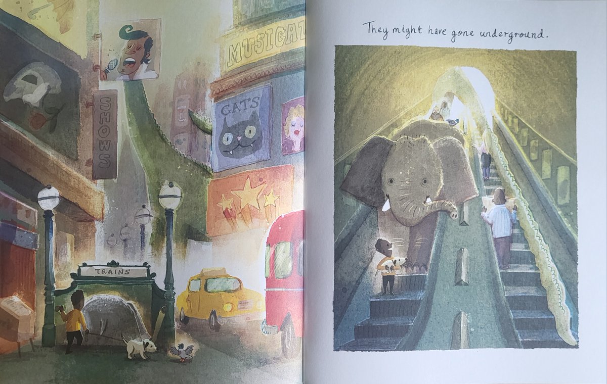 More here from <a href="/DaveBarrow3/">David Barrow</a> #HaveYouSeenDinosaur from <a href="/geckopress/">Gecko Press</a> 

David's artwork has such a dream-like quality. The boy, his dog and elephant all search throughout the city for the dinosaur. Can you see it? Humour throughout in a book that plays so well with light &amp; colour.