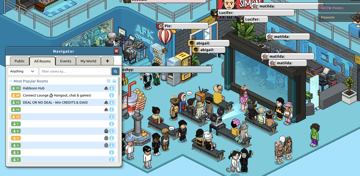 habboonconnect's tweet photo. Thanks to all the players who joined our movie night in the Connect lounge last night!

We absolutely LOVE seeing players come together 💙 #habbo #habboon https://t.co/p8DID9DBz4