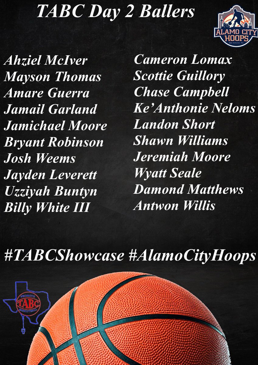 Alamo City Hoops (@alamocityhoops1) on Twitter photo ๐จNow Posted: Day 2 Standouts๐จ
Hereโs who our staff saw as standouts on Saturday on the hardwood๐:
<a href="/JojoMciver/">JoJo McIver</a> <a href="/MaysonThomas07/">Mayson Thomas</a> <a href="/amare4023/">Amare Guerra</a> <a href="/jamail_garland/">Jamail garland</a> <a href="/_BryantRobinson/">๐ต๐๐ฆ๐๐๐ก๐
๐๐๐๐๐ ๐๐๐ถ๐พโโ๏ธ๐</a> <a href="/jayden_leverett/">Jayden Leverett</a> <a href="/imjoshweems/">Joshua Weems</a> <a href="/UzziahBuntyn/">Uzziah Buntyn</a> <a href="/Billy_White_III/">Billy โBlancoโ White III</a> <a href="/CamLomax04/">Cameron Lomax</a> <a href="/JSGuillory11/">Scottie</a> <a href="/26ChaseC/">Chase Campbell</a> ๐จNow Posted: Day 2 Standouts๐จ
Hereโs who our staff saw as standouts on Saturday on the hardwood๐:
<a href="/JojoMciver/">JoJo McIver</a> <a href="/MaysonThomas07/">Mayson Thomas</a> <a href="/amare4023/">Amare Guerra</a> <a href="/jamail_garland/">Jamail garland</a> <a href="/_BryantRobinson/">๐ต๐๐ฆ๐๐๐ก๐
๐๐๐๐๐ ๐๐๐ถ๐พโโ๏ธ๐</a> <a href="/jayden_leverett/">Jayden Leverett</a> <a href="/imjoshweems/">Joshua Weems</a> <a href="/UzziahBuntyn/">Uzziah Buntyn</a> <a href="/Billy_White_III/">Billy โBlancoโ White III</a> <a href="/CamLomax04/">Cameron Lomax</a> <a href="/JSGuillory11/">Scottie</a> <a href="/26ChaseC/">Chase Campbell</a>