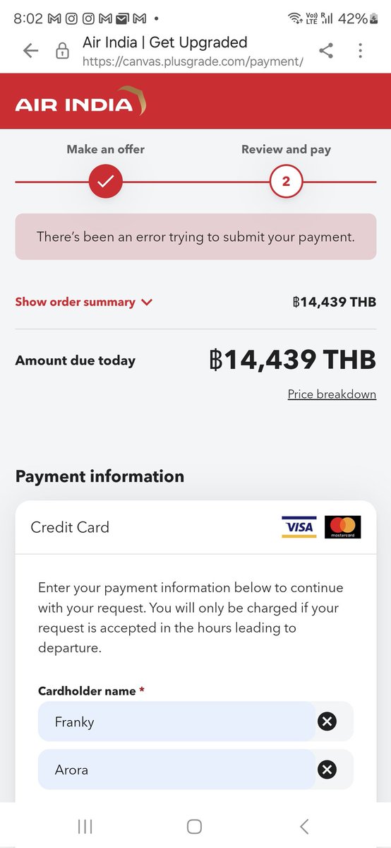 surathsingh's tweet photo. @airindia I have tried again now . Same issue . No change . Pls revert on urgent basis https://t.co/FU5XofiR6L
