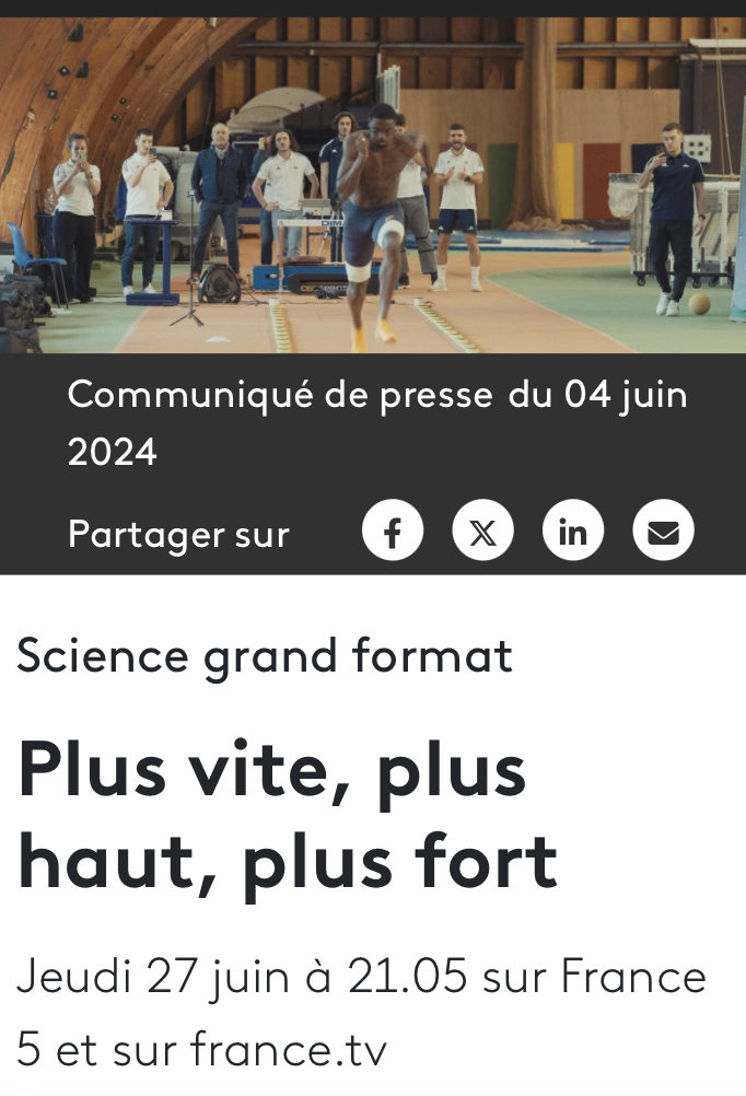 👉Save the date ! 
🎥 "Plus vite, plus haut, plus fort" a documentary about research projects to support elite athletes including our #Empowher program.
🗓️ Thursday 06/27 ⏲️9:05pm (CET)
📺France5 and <a href="/FranceTV/">France tv</a> 

#roadtoparis #Paris2024 #sportsciences #sportperformance