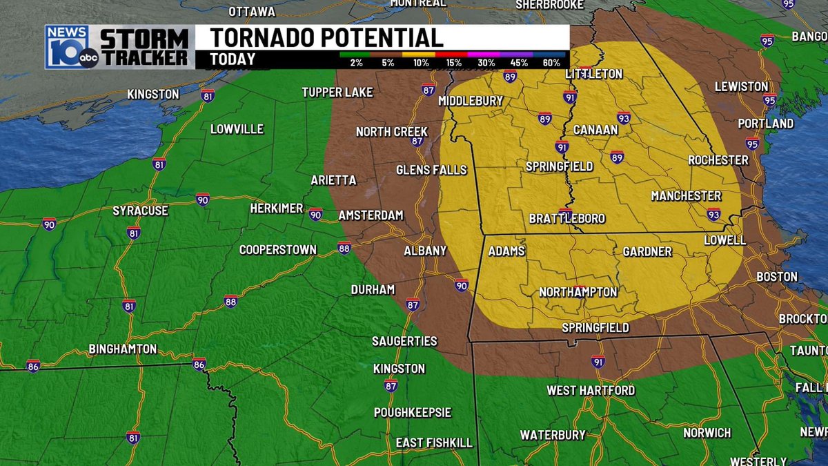 Confidence is increasing for severe storms today.
Time period, 2 to 6pm
Main threat is for damaging winds, and some supercell storms that may rotate
Tornado threat is high at 5 to 10% from the Capital Region north and east.  
Enhanced risk for severe storms to the Hudson Valley