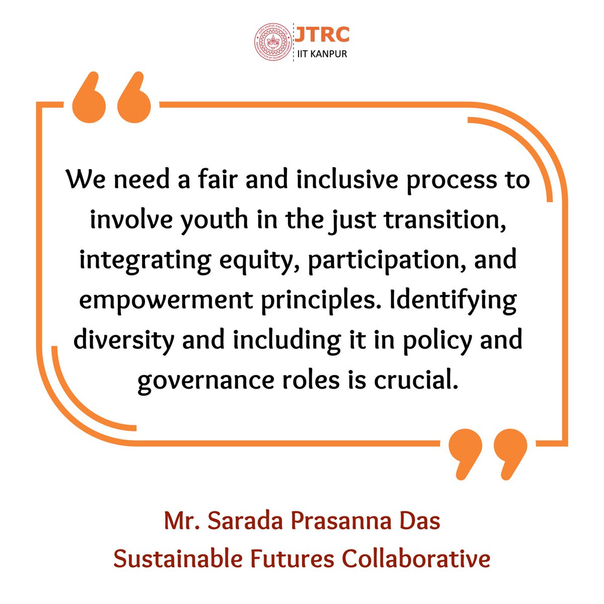 🌍 Just Transition Dialogues: Empowering Youth for Economic Diversification in Indian Coal Regions 🌱

💡Insights from Mr. Sarada Prasanna Das, Sustainable Futures Collaborative

#JustTransition #YouthEmpowerment #GreenJobs #EconomicDiversification #jtrc