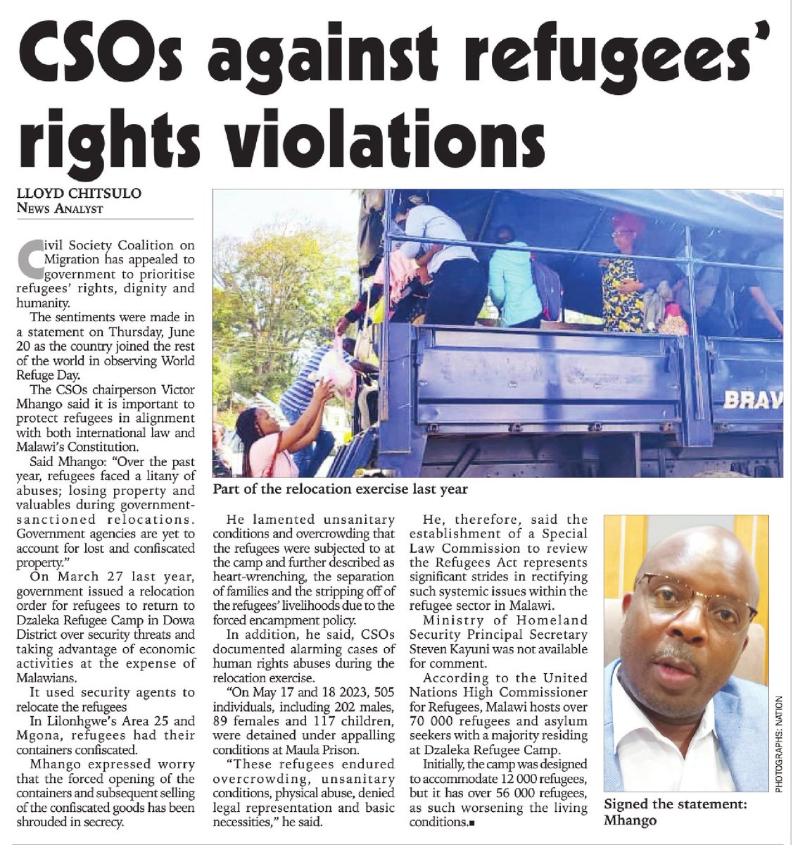 chreaamalawi's tweet image. On World Refugee Day, the #CSCM urged the govt to uphold the rights, dignity, and humanity of refugees in Malawi, highlighting severe abuses faced by refugees, including property loss and inhumane conditions during relocations.  
Article link: bit.ly/migrights
