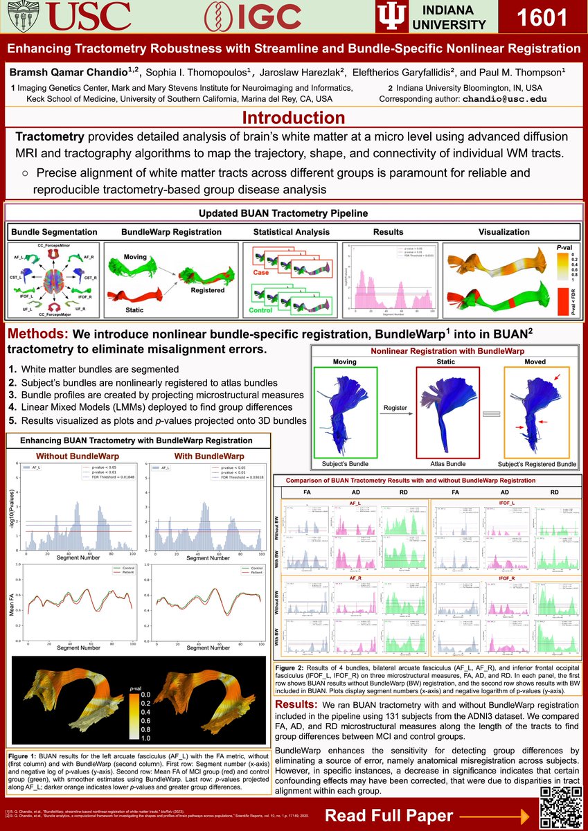 Attending #OHBM2024? Come by our posters on (1617) tractometry-based multi-site and multi-scanner harmonization and (1601) streamline-based nonlinear registration of white matter tracts for robust tractometry. Wed &amp; Thurs 1:45-3:35 pm. I will be there :) 🧠