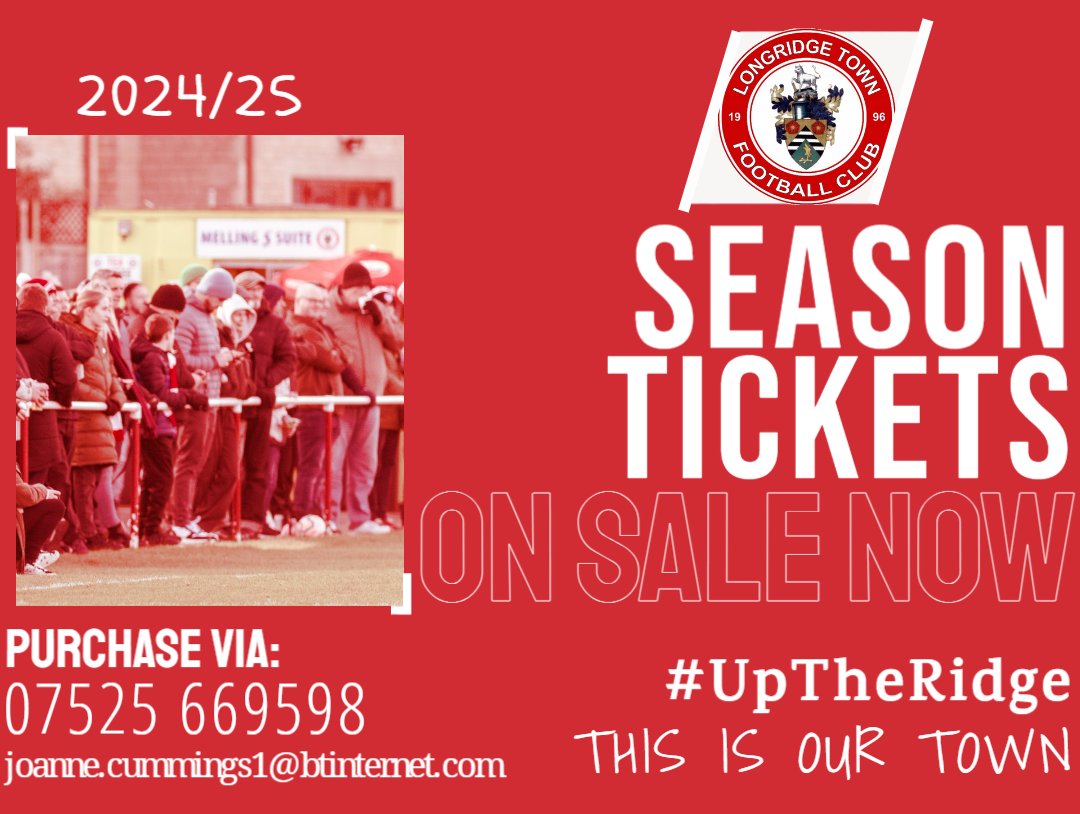 🚨 𝟮𝟰/𝟮𝟱 𝗦𝗘𝗔𝗦𝗢𝗡 𝗧𝗜𝗖𝗞𝗘𝗧𝗦 𝗢𝗡 𝗦𝗔𝗟𝗘!

Book your place for the upcoming season now!

Details here: longridgetownfc.com/news/2425-seas…